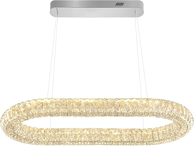 Crystal Ring Chandelier, 31.5'' Chrome Crystal Ring Pendant Light for Kitchen Island Modern Linear Oval Chandeliers for Dining Room Dimmable 3000K-6000K