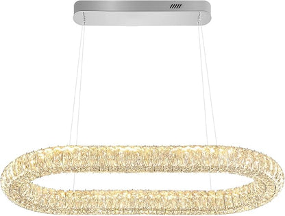 Crystal Ring Chandelier, 31.5'' Chrome Crystal Ring Pendant Light for Kitchen Island Modern Linear Oval Chandeliers for Dining Room Dimmable 3000K-6000K