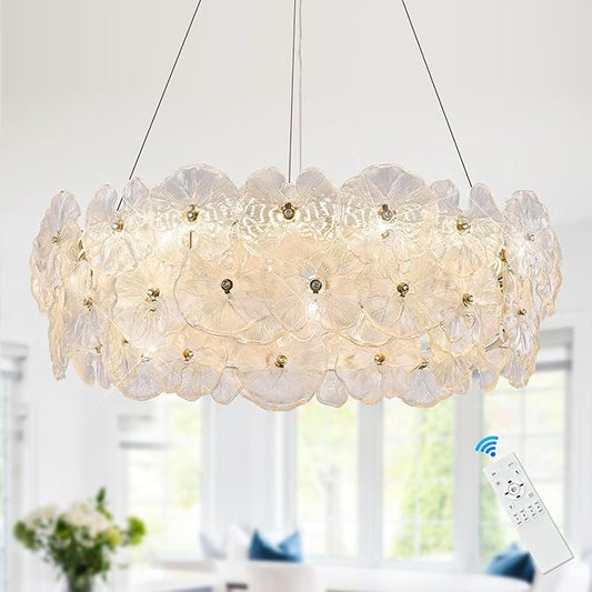 30" Luxury Glass LED Chandelier Modern Gold Dimmable 3000-6500K Large Lotus Leaf Chandeliers Light with Remote Control Contemporary for High Ceiling Living Dining Room Foyer Kitchen Entryway