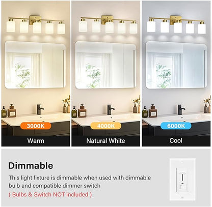 FonmYim Brushed Gold Bathroom Light Fixtures, 5-Light Modern Vanity Light Over Mirror, Wall Sconces with Milky White Frosted Glass Shades, E26 Socket (Bulbs Not Included)