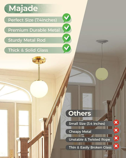 Majade 7.4" Globe Pendant Light Gold Mid Century Modern Pendant Lights Fixture Kitchen Island Lighting with Milk Glass Shade Brushed Brass Finished Adjustable Hanging Light for Dining Room