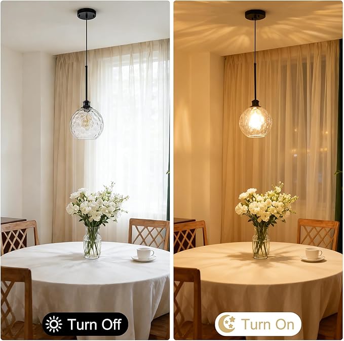 Globe Pendant Light Fixtures, 2 Pack Glass Black Pendant Lights Kitchen Island with 7.8" Clear Hammered Glass, Adjustable Hanging Island Lights for Kitchen Bathroom Sink Entryway Dining Room