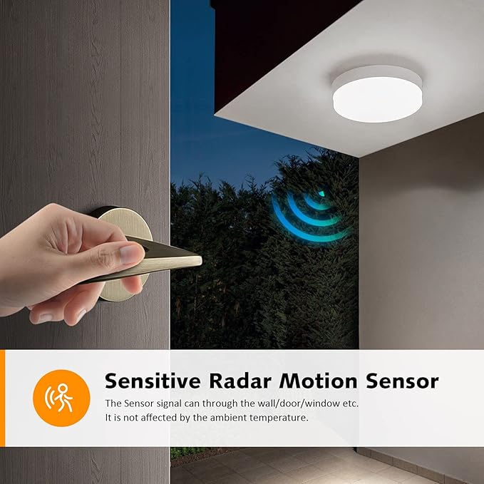 DLLT 24W Motion Sensor LED Ceiling Light, 8.7 Inch Wired Motion Activated Ceiling Light, 5000K Indoor Motion Flush Mount Light Fixture for Porch Walk-in Closet Hallway Pantry Stair, Non-Dimmable
