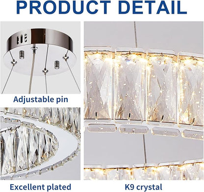 Depuley Modern LED Crystal Chandelier: 11.8" + 19.7" Rings Dimmable Pendant Light Adjustable for Dining Room - 42W Double-Decker Round Crystal Chandeliers for Bedroom Living Room Porch Foyer