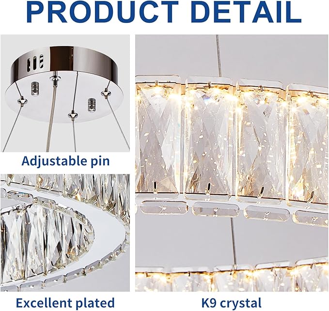 Depuley Modern LED Crystal Chandelier: 19.7" Ring Dimmable Pendant Light Adjustable for Dining Room - 30W Round Crystal Chandeliers for Bedroom Kitchen Over Table Living Room Porch Foyer