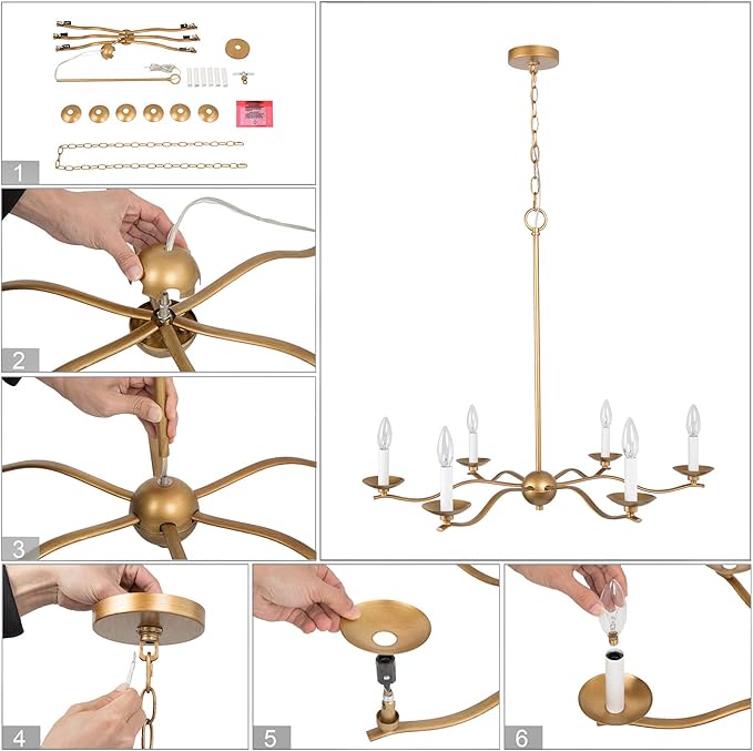 KSANA Dining Room Chandelier, 6-Light Farmhouse Gold Chandelier, Modern Hanging Light Fixture, 30’’ W x 25.5’’ H