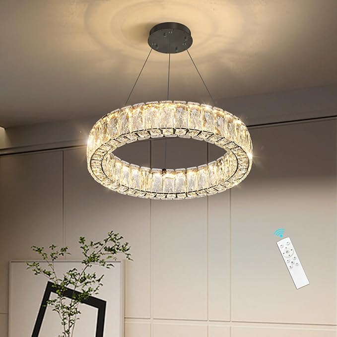 HAIXIANG Modern Crystal Chandelier Dimmable LED 16 Inch Ring Pendant Lights Adjustable Glam Chandeliers Lighting Fixtures for Dining Room Living Room Bedroom Black Light