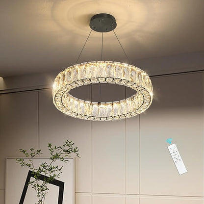 HAIXIANG Modern Crystal Chandelier Dimmable LED 16 Inch Ring Pendant Lights Adjustable Glam Chandeliers Lighting Fixtures for Dining Room Living Room Bedroom Black Light