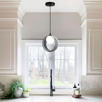 Modern Round Pendant Light, 7.87“ Adjustable Hanging Lamp with Lampshade, White LED Chandelier Ceiling Lighting Fixture for Kitchen Island Bedroom Hallway Foyer Hall