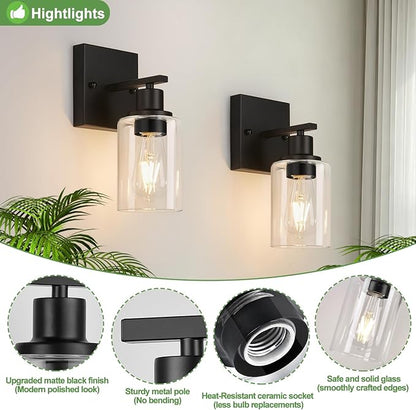 Indoi Set of 2 Wall Sconces for Bathroom, Matte Black Modern Vanity Lights with Clear Glass Shade, Bathroom Wall Lamp for Mirror Kitchen Living Room Hallway Cabinet Porch