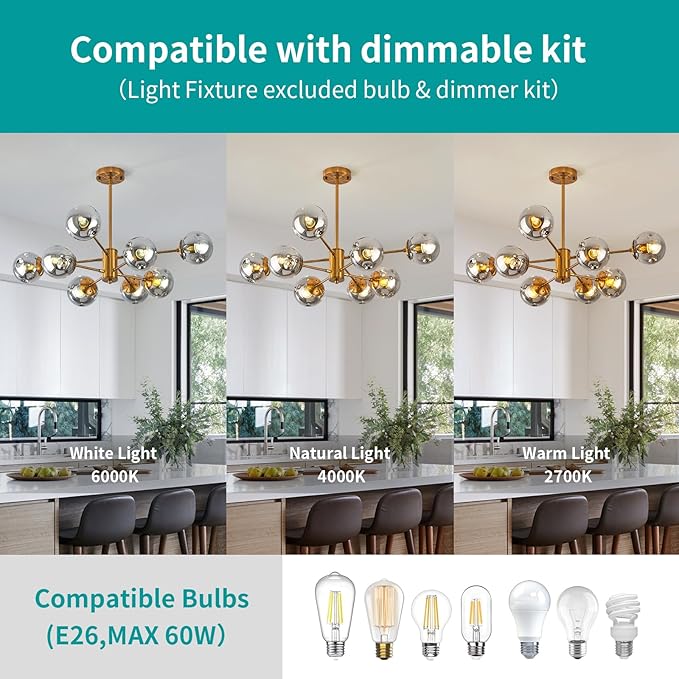 DDLLDESHI Gold Chandelier 8 Head Dining Room Light Fixture, Sliver Glass Globe Shade Kitchen Lights Modern Chandeliers (Ceiling Hanging Lighting Fixtures with Sputnik Pendant)