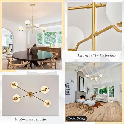 CATINER 4 Lights Modern Gold Sputnik Chandelier, L31 '' Large Mid Century Long Ceiling Pendant Light Fixtures with Milk Glass Globe Shades for High Ceiling Living Room Foyer Dining Room Bedroom