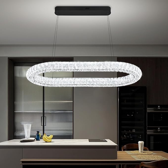 LED Crystal Ring Chandelier, 40'' Black Crystal Ring Pendant Light for Kitchen Island Modern Linear Oval Chandeliers for Dining Room Dimmable 3000K-6000K