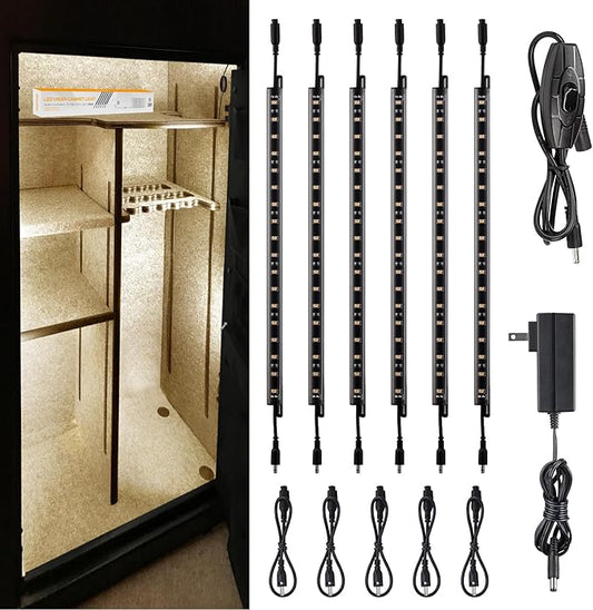 TORCHSTAR LED Safe Lighting Kit, (6) 12 Inch Linkable Light Bars + Rocker Switch + UL Power Adapter, 900LM, Input 100-240V, for Under Cabinet Gun Safe Locker Closet Showcase, 3000K Warm White