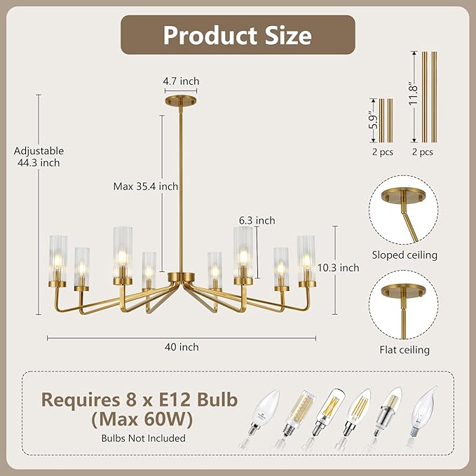 40" Brushed Gold Chandelier with Glass Shades, 8-Light Large Farmhouse Pendant Lights for Dining Room Living Room Bedroom Kitchen