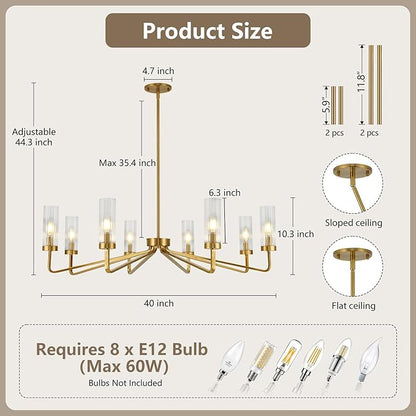 40" Brushed Gold Chandelier with Glass Shades, 8-Light Large Farmhouse Pendant Lights for Dining Room Living Room Bedroom Kitchen