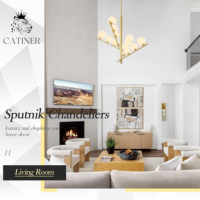CATINER 12 Lights Gold Sputnik Chandeliers L36”Mid Century Ceiling Pendant Lighting with Milk Glass Globe Shades Modern Chandelier for High Ceiling Foyer Living Room Dining Room