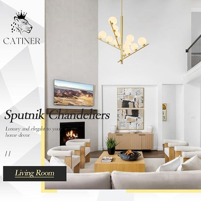 CATINER 12 Lights Gold Sputnik Chandeliers L36”Mid Century Ceiling Pendant Lighting with Milk Glass Globe Shades Modern Chandelier for High Ceiling Foyer Living Room Dining Room