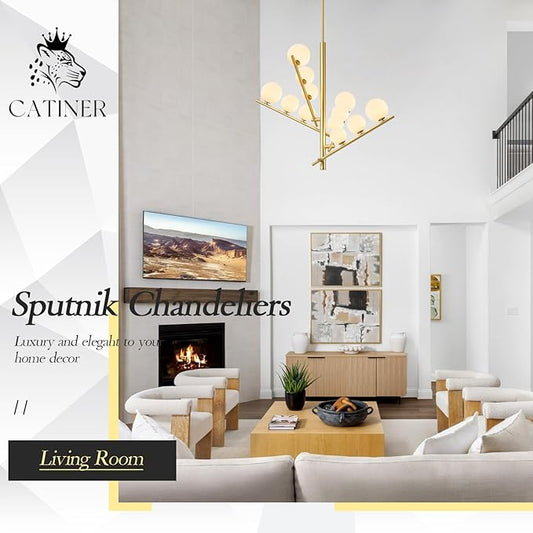 CATINER 12 Lights Gold Sputnik Chandeliers L36”Mid Century Ceiling Pendant Lighting with Milk Glass Globe Shades Modern Chandelier for High Ceiling Foyer Living Room Dining Room