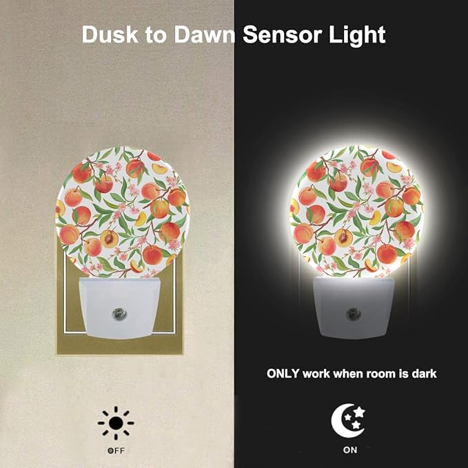 EKOBLA Plug-in Peach Night Light, Watercolor Fruit Design, Dusk to Dawn Sensor, Peach with Leaf Nightlight Decor for Men Women Bedroom Bathroom