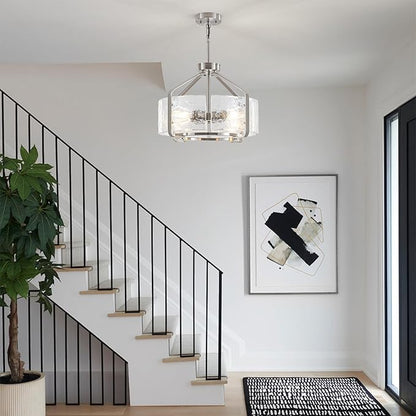 Luupyia 17.7 Inches Glass Drum Chandelier, 4Lights Modern Glass Chandeliers, Height Adjustable Nickel Drum Crystal Chandeliers Pendant Light Dining Room Kitchen Entryway Chandelier for Foyer