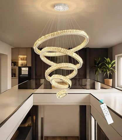 Modern High Ceiling Crystal Chandelier 90W Dimmable LED Chandeliers with Remote Luxury Height Adjustable Large Lighting Fixtures for Living Room Staircase Foyer Silver