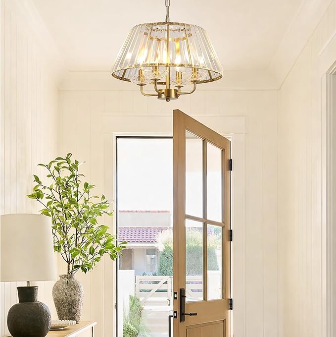 17.7" Modern Crystal Chandelier Vintage Mid Century Modern 4-Lights Gold Crystal Chandelier Light Fixture Drum Golden Chandelier for Dining Room, Bedroom, Kitchen Island, Entryway, E12