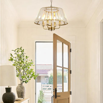 17.7" Modern Crystal Chandelier Vintage Mid Century Modern 4-Lights Gold Crystal Chandelier Light Fixture Drum Golden Chandelier for Dining Room, Bedroom, Kitchen Island, Entryway, E12
