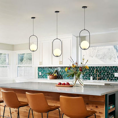 Modern Black Pendant Light, Bedside Matte Pendant Lights with White Glass Shade, Large Globe Ceiling Light for Kitchen Island Bedroom