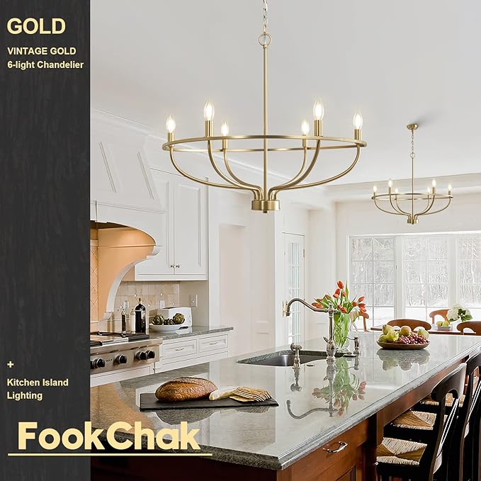 Gold Chandelier, 6 Light Gold Chandelier Light Fixture for Dining Room Chandelier Candle Lighting for Entryway Kitchen Bedroom Living Room 29in Mid Century Chandeliers