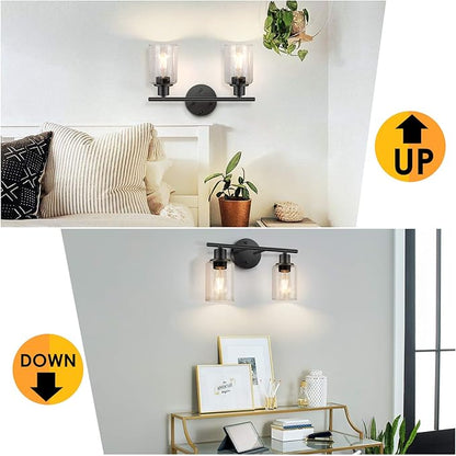 FOLKSMATE Bathroom Light Fixtures, 2 Light Matte Black Vanity Light, Vintage Wall Sconces Lighting, Modern Bath Wall Mounted Lights with Glass Shade