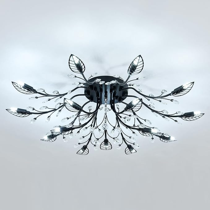 CVKASH 15 Light Vintage Small Crystal Chandelier Modern Branche Semi Flush Mount Ceiling Light Fixture Black Chandelier Lighting for Kitchen Bedroom Living Room Dining Room Hallway Foyer
