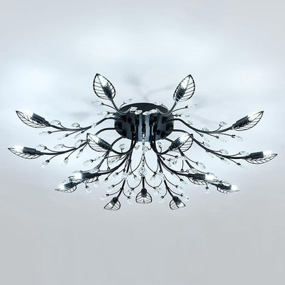 CVKASH 15 Light Vintage Small Crystal Chandelier Modern Branche Semi Flush Mount Ceiling Light Fixture Black Chandelier Lighting for Kitchen Bedroom Living Room Dining Room Hallway Foyer