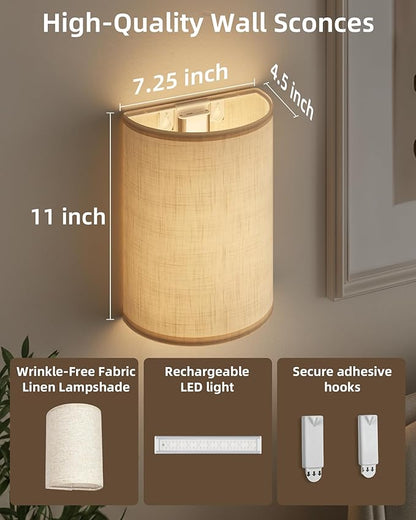EZVALO Battery Operated Wall Sconce, Rechargeable Wall Sconces Set of Two with Remote, 3 Color & 80 RGB Wireless Wall Lights, Dimmable, Timer, Fabric Linen Shade Wall Decor for Bedroom, Living Room