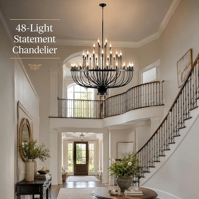 Shandaglo Large Chandelier for High Ceilings, 48-Light Black Wagon Wheel Chandelier, 47.2 Inch 3-Tier Extra Farmhouse Dining Room Light Fixture for Foyer, Living Room, Entryway