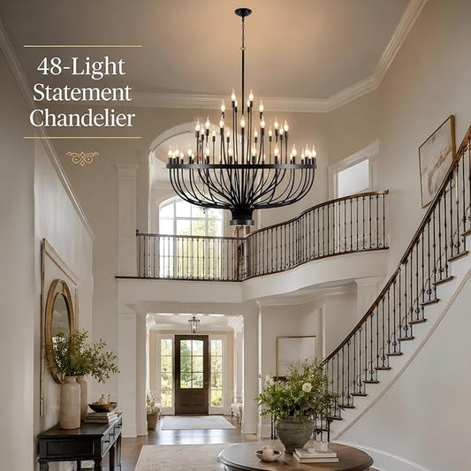Shandaglo Large Chandelier for High Ceilings, 48-Light Black Wagon Wheel Chandelier, 47.2 Inch 3-Tier Extra Farmhouse Dining Room Light Fixture for Foyer, Living Room, Entryway