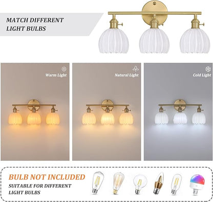 Shenmoyl Bathroom Light Fixtures, 3-Light Brass Vanity wall Light Over Mirror with White Tulip Glass Shade for Bedroom Living Room (Bulb Not Included)