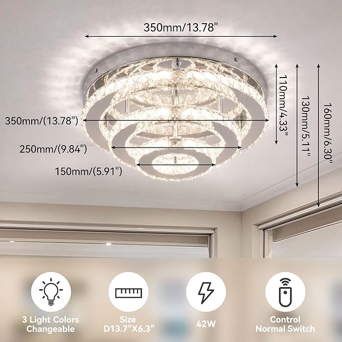 13.8" Flush Mount Chandelier LED Crystal Ceiling Light Fixture 3 Tier Ring Crystal Chandeliers for Bedrooms Dining Room Living Room,3 Colors Adjustable