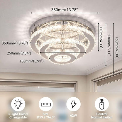 13.8" Flush Mount Chandelier LED Crystal Ceiling Light Fixture 3 Tier Ring Crystal Chandeliers for Bedrooms Dining Room Living Room,3 Colors Adjustable