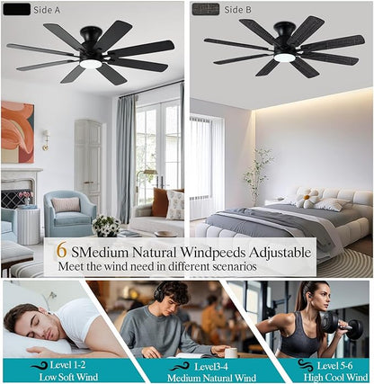 KNUN 52 Inch Ceiling Fan with Light,Low profile Ceiling Fans with Remote Control or App Control, 8 Blades, Noiseless, DC Motor, Flush Mount Ceiling Fan for Bedroom,Living Room, Indoor/Outdoor Black