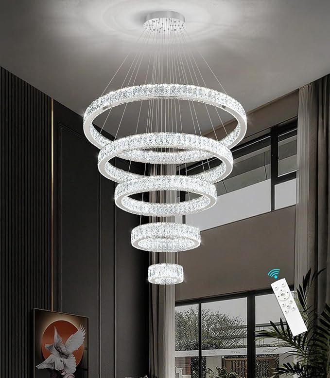Modern High Ceiling Crystal Chandelier 90W Dimmable LED Chandeliers with Remote Luxury Height Adjustable Large Lighting Fixtures for Living Room Staircase Foyer Silver