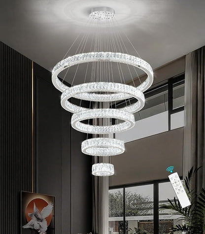 Modern High Ceiling Crystal Chandelier 90W Dimmable LED Chandeliers with Remote Luxury Height Adjustable Large Lighting Fixtures for Living Room Staircase Foyer Silver
