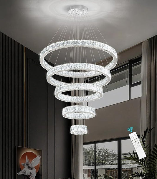 Modern High Ceiling Crystal Chandelier 90W Dimmable LED Chandeliers with Remote Luxury Height Adjustable Large Lighting Fixtures for Living Room Staircase Foyer Silver