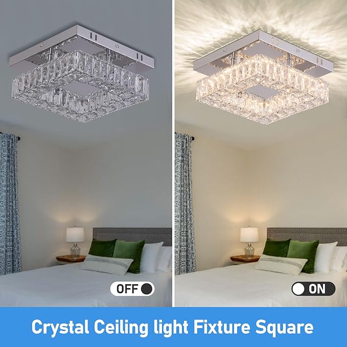 9.8" Modern Mini LED Chandelier Square Crystal Ceiling Light Flush Mount Ceiling Light for Hallway Foyer Kitchen Closet 3000 K Warm White