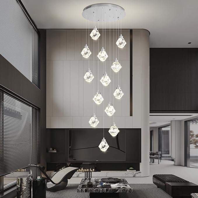 H138 High Ceiling Crystal Chandelier, 14-Light Chrome Pendant Light Fixture, Luxury Raindrop Chandelier for Foyer, Staircase, Villa, Entryway, Modern Large Crystal Lighting for Living Room
