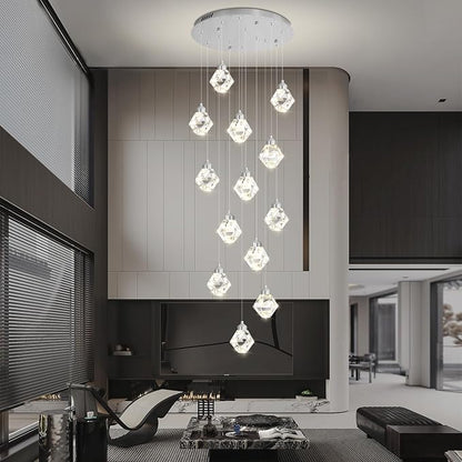H138 High Ceiling Crystal Chandelier, 14-Light Chrome Pendant Light Fixture, Luxury Raindrop Chandelier for Foyer, Staircase, Villa, Entryway, Modern Large Crystal Lighting for Living Room
