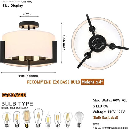 14 inch Black Semi Flush Mount Ceiling Light, 3-Light Modern Lighting Fixtures Ceiling Mount with White Drum Fabric Shade for Bedroom Entryway Hallway