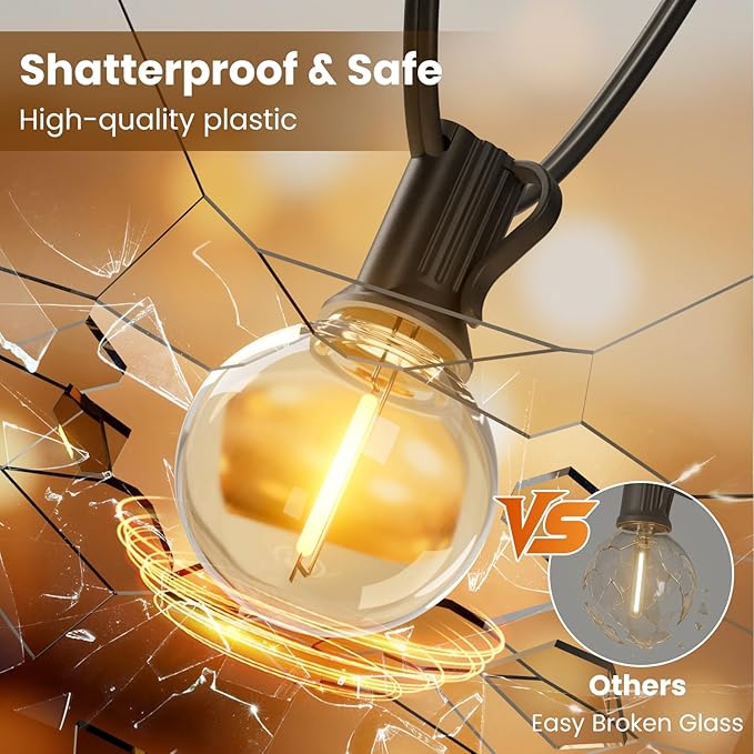 RTTY Outdoor String Lights 100 FT, Patio Light for Outside, Waterproof G40 Shatterproof LED Bulbs, Dimmable Hanging Connectable Globe Lighting for Backyard, Porch, Bistro, Balcony, Party, Warm White