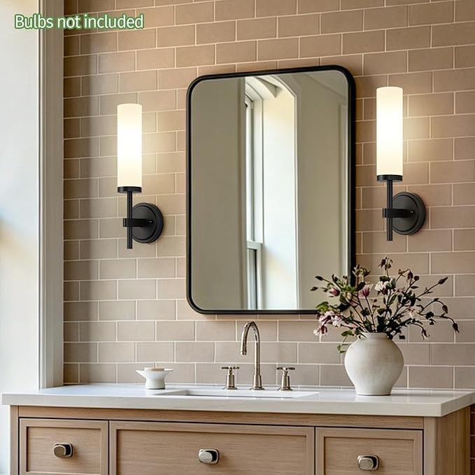 MOKATNG [Hardwired] Wall Sconces Set of Two, Matte Black Bathroom Sconces with Milky White Glass, Modern Wall Light Fixtures for Bathroom Mirror Vanity, Living Room, Hallway, Stairway, Cabinet, Foyer