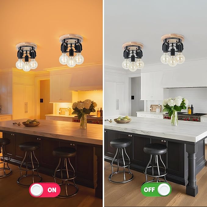 3-Light Round Flush Mount Ceiling Light，Rustic Ceiling Track Lighting with Wooden Base, Adjustable Multi-Directional Kitchen Light fixtures for Dining Room Hallway Entryway Bedroom.